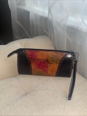 Brown Leather Wristlet Clutch with Multicolor Rose Embossing